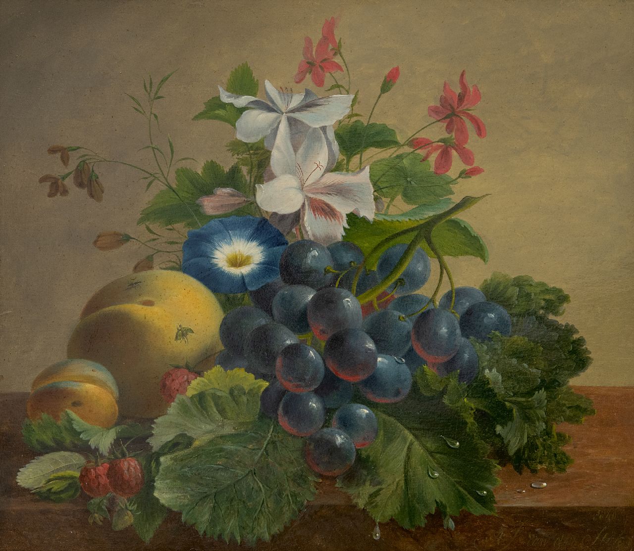 Stok J. van der | Jacoba van der Stok, Stillleben mit Blumen und Früchten auf einem Sockel, Öl auf Holz 26,2 x 30,1 cm, Unterzeichnet u.r. und datiert 1840