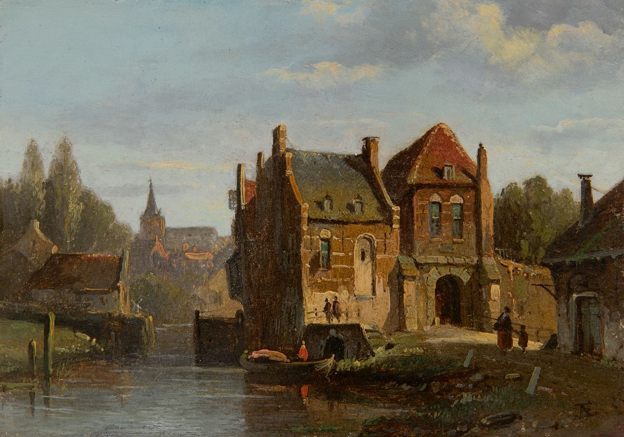 Eversen A.  | Adrianus Eversen | Gemälde zum Verkauf angeboten | Sonniger Stadtblick mit Stadttor, Öl auf Holz 13,1 x 18,0 cm, Unterzeichnet u.r. mit Monogramm