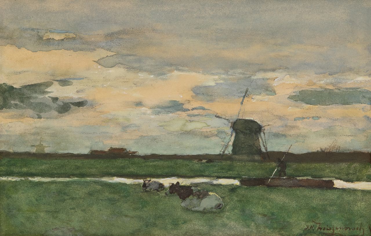 Weissenbruch H.J.  | Hendrik Johannes 'J.H.' Weissenbruch | Aquarelle und Zeichnungen zum Verkauf angeboten | Polderlandschaft mit Windmühle, Aquarell auf Papier 29,7 x 46,0 cm, Unterzeichnet u.r.