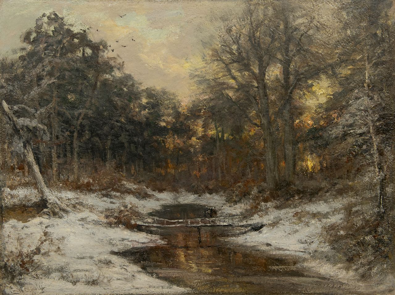 Apol L.F.H.  | Lodewijk Franciscus Hendrik 'Louis' Apol | Gemälde zum Verkauf angeboten | Verschneiter Wald bei Sonnenuntergang, Öl auf Leinwand 71,0 x 92,6 cm, Unterzeichnet u.l.