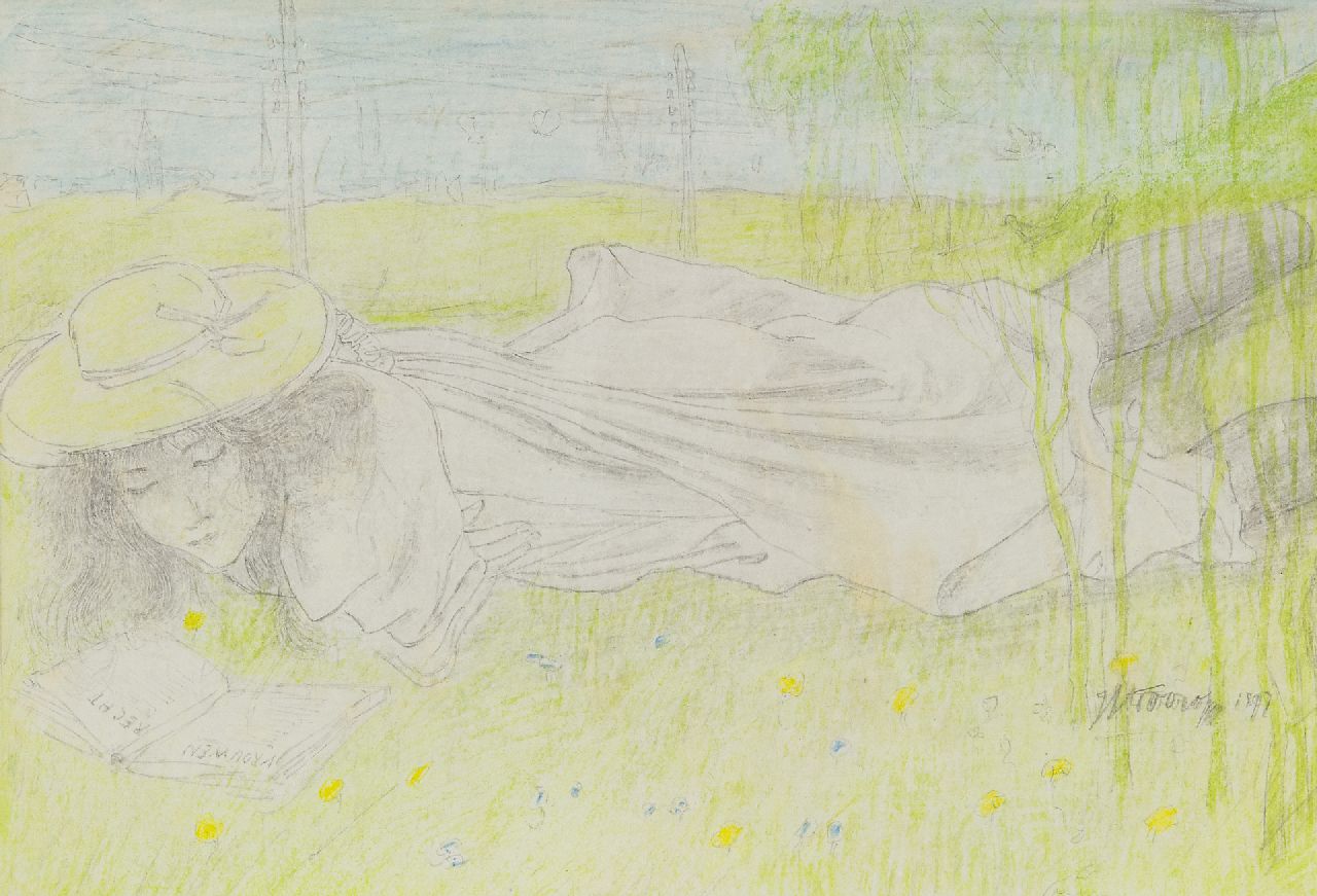 Toorop J.Th.  | Johannes Theodorus 'Jan' Toorop, Junge Frau feministische Prosa lesend ('Vrouwenrecht), Bleistift und Kreide auf Papier 16,2 x 20,5 cm, Unterzeichnet u.r. und datiert 1897