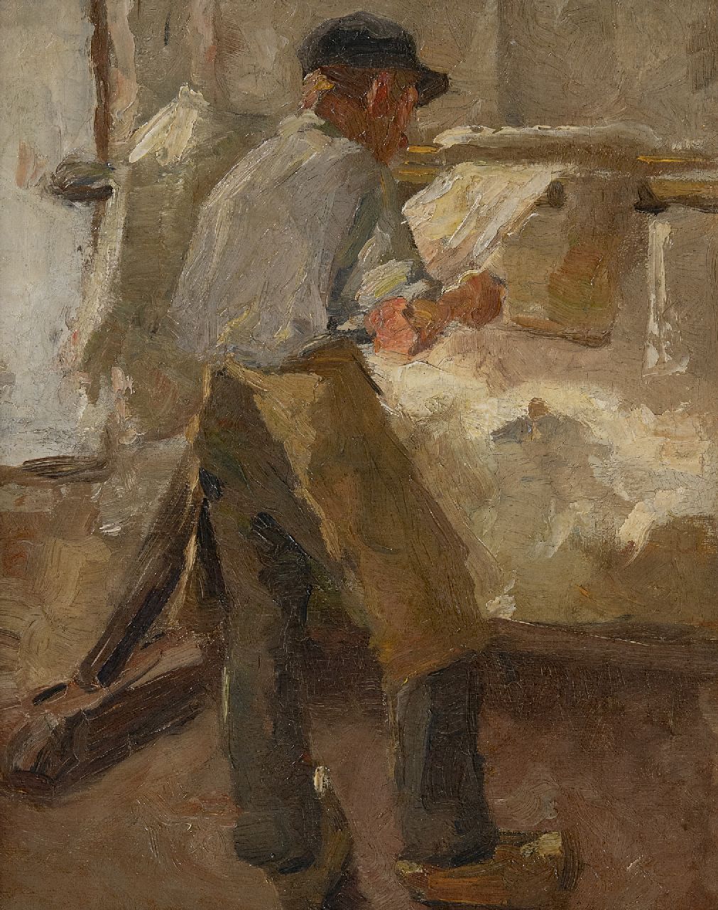 Rappard A.G.A. van | 'Anthon' Gerhard Alexander van Rappard | Gemälde zum Verkauf angeboten | Junger Arbeiter an einem Spannrahmen, Öl auf Leinwand 33,1 x 26,3 cm, zu datieren um 1890-1891