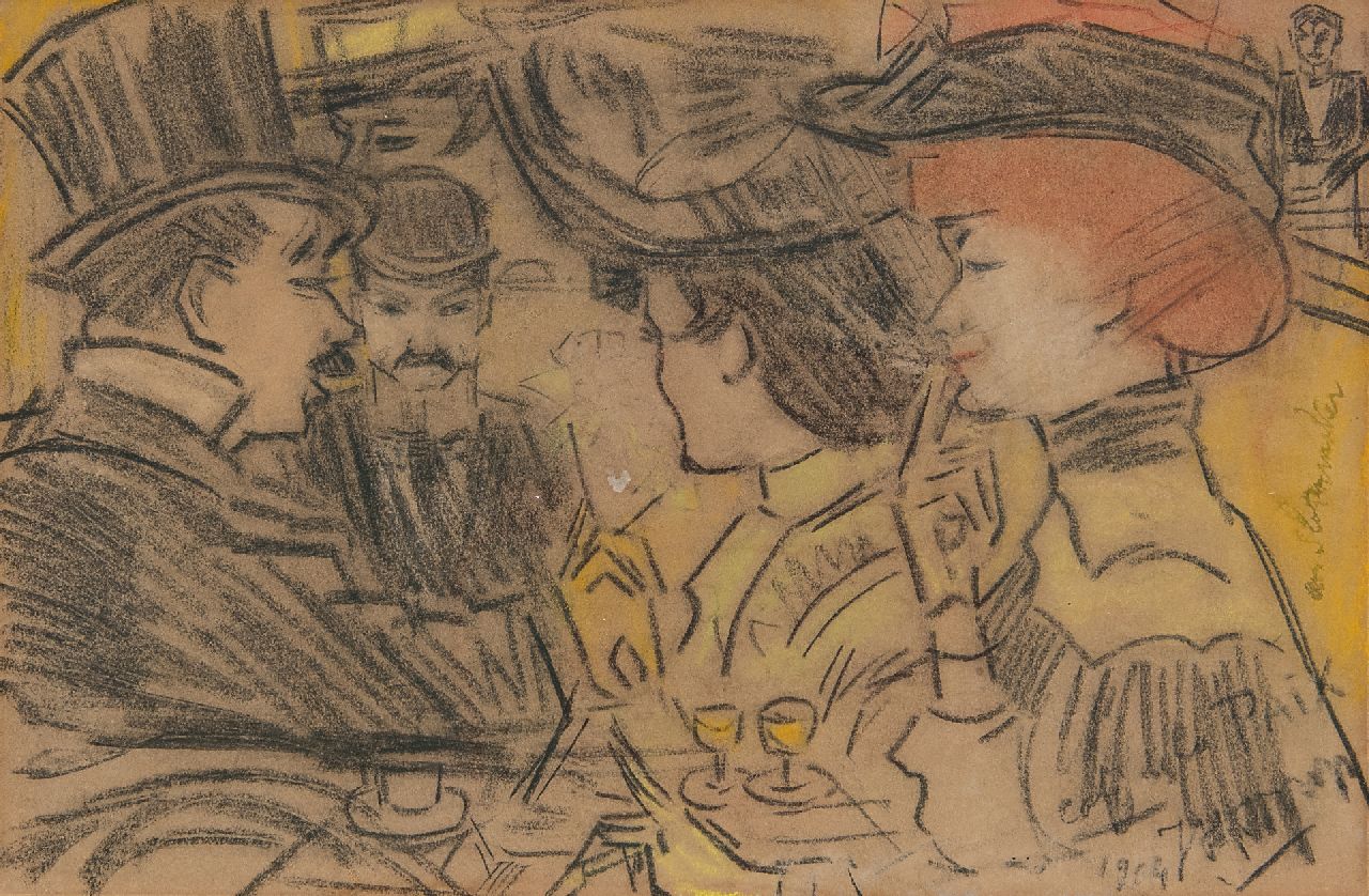 Toorop J.Th.  | Johannes Theodorus 'Jan' Toorop | Aquarelle und Zeichnungen zum Verkauf angeboten | Elegante Gesellschaft im Café de la Paix, Paris, Schwarze und Farbkreide auf Papier 14,6 x 22,1 cm, Unterzeichnet u.r. und datiert 1904