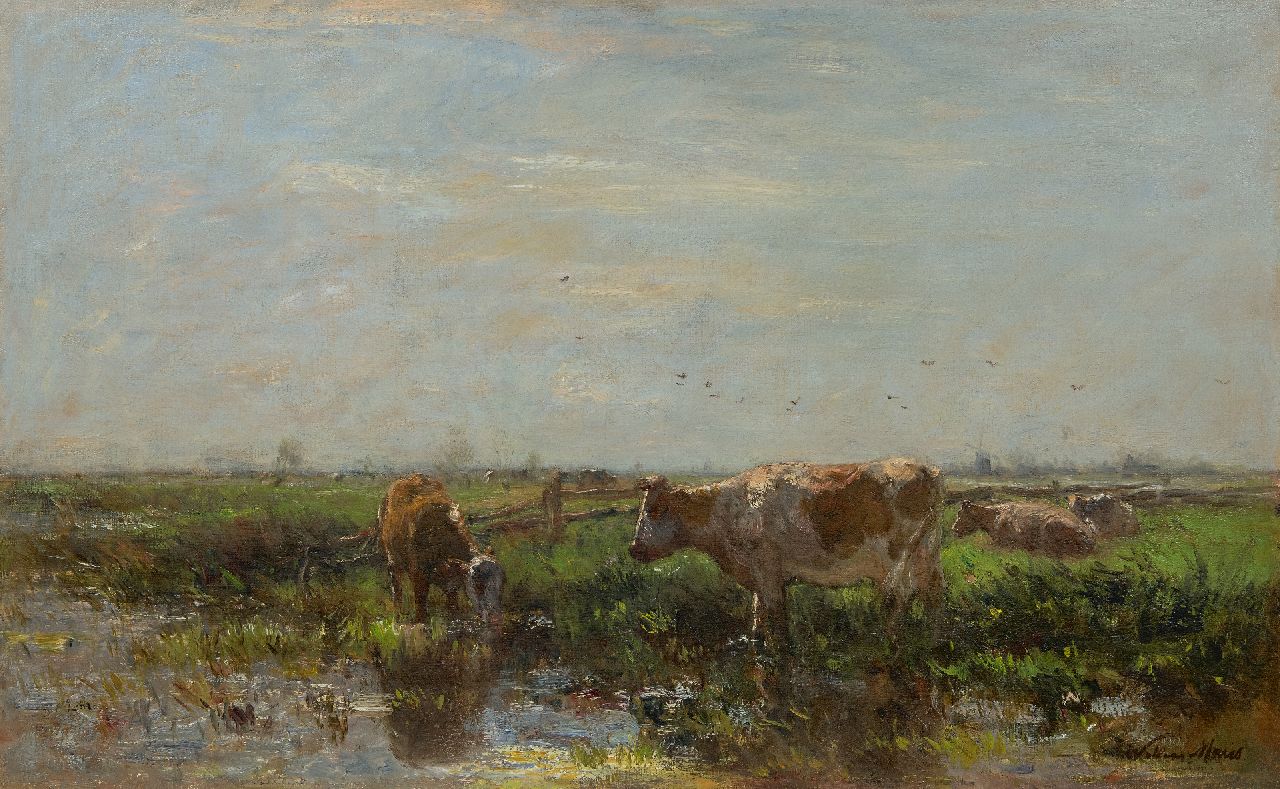 Maris W.  | Willem Maris | Gemälde zum Verkauf angeboten | Sommerlandschaft mit Kühen am Flussufer, Öl auf Leinwand 53,8 x 87,2 cm, Unterzeichnet u.r.