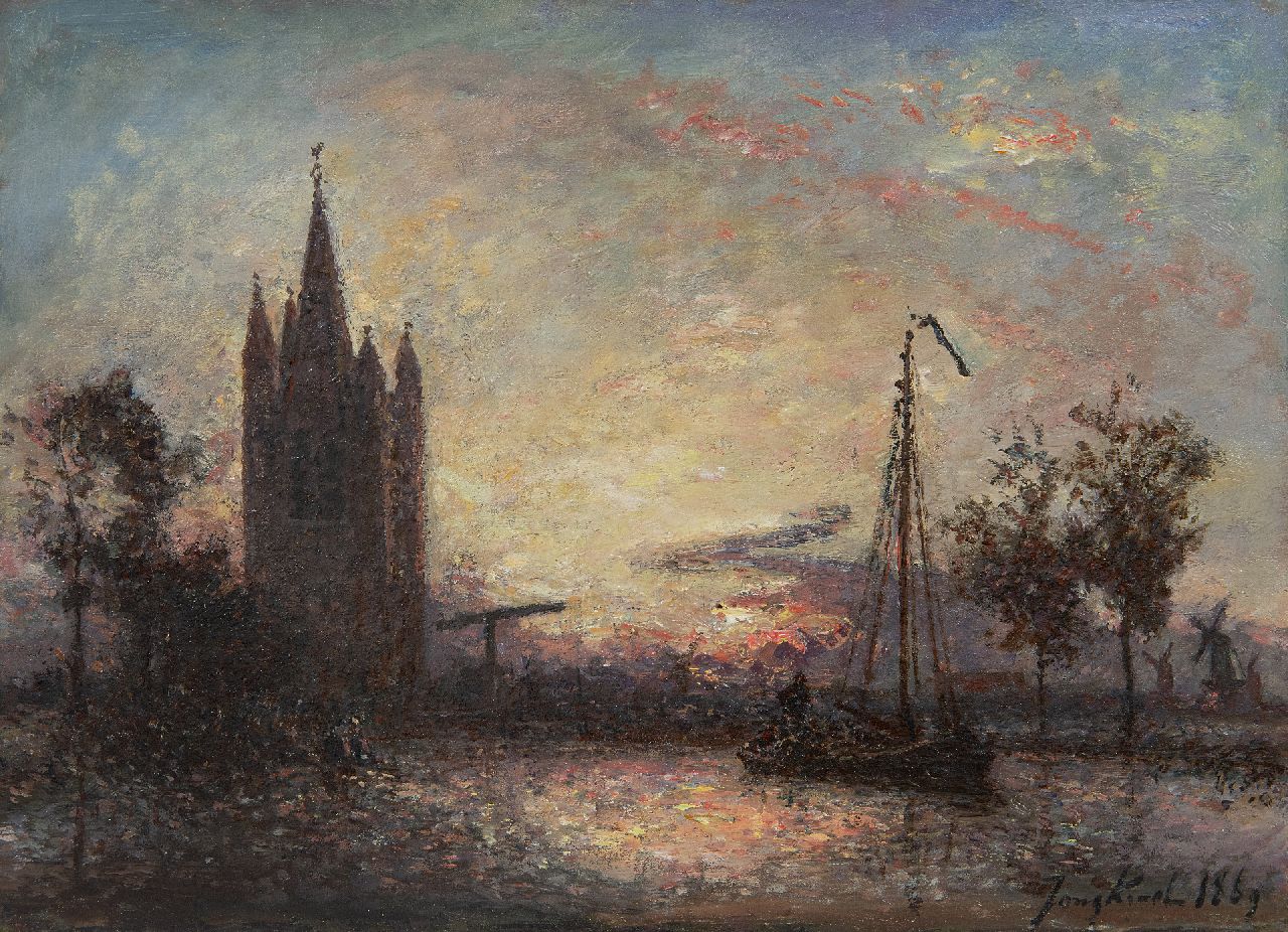 Jongkind J.B.  | Johan Barthold Jongkind | Gemälde zum Verkauf angeboten | Coucher de soleil sur l'église, Hollande, Öl auf Leinwand 24,3 x 32,5 cm, Unterzeichnet u.r. und datiert 1869