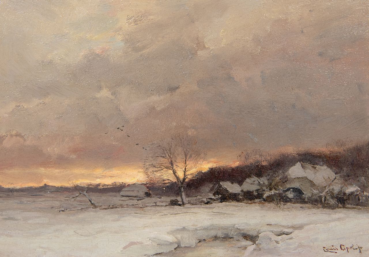 Apol L.F.H.  | Lodewijk Franciscus Hendrik 'Louis' Apol, Winterlandschaft bei Sonnenuntergang, Öl auf Holz 25,6 x 37,1 cm, Unterzeichnet u.r.