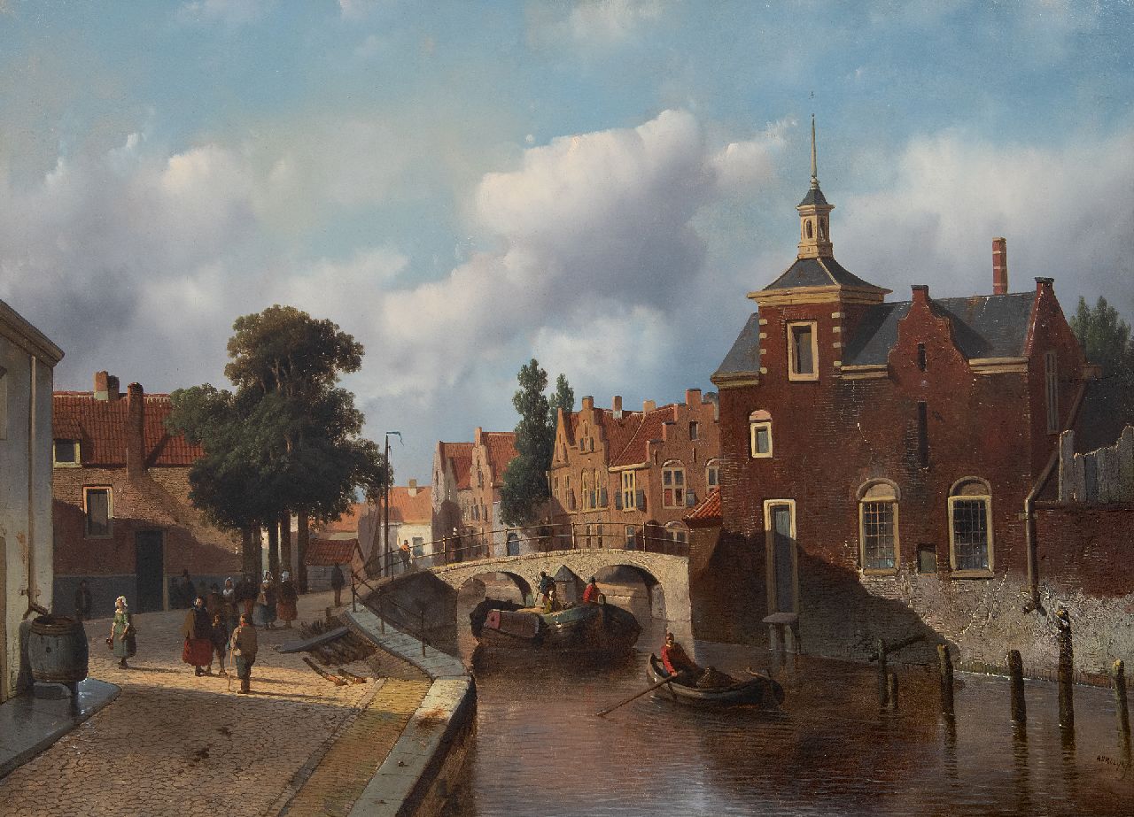 Vrolijk J.A.  | Jacobus 'Adriaan' Vrolijk | Gemälde zum Verkauf angeboten | Holländischer Stadtkanal mit Schifffahrt und Figuren, Öl auf Holz 38,6 x 52,4 cm, Unterzeichnet u.r.