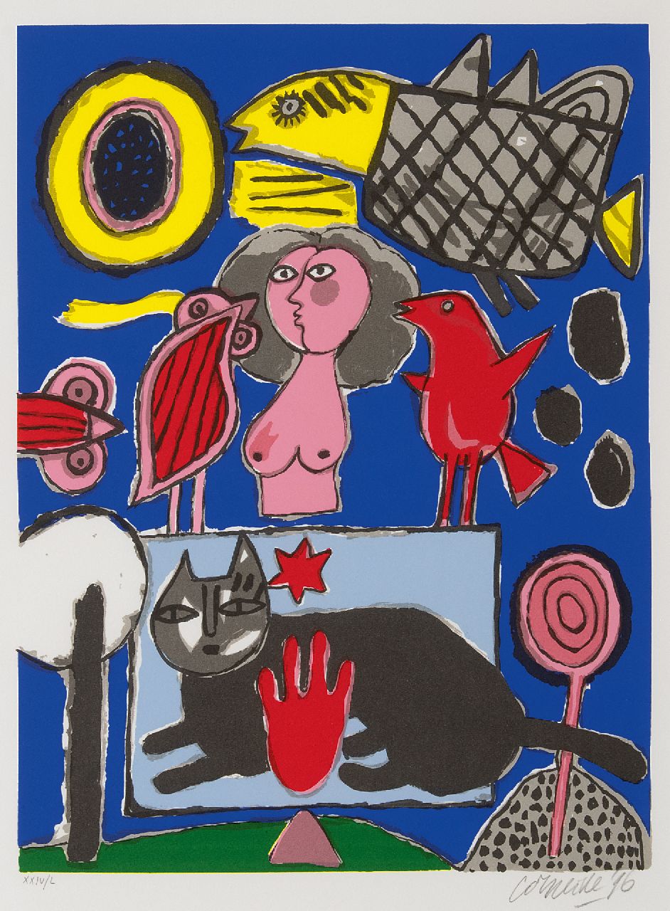 Corneille ('Corneille' Guillaume Beverloo)   | Corneille ('Corneille' Guillaume Beverloo) | Grafik zum Verkauf angeboten | Komposition mit schwarzer Katze, rosa Frau und Vögeln, Litho auf Papier 47,6 x 35,7 cm, Unterzeichnet u.r. (in Bleistift) und datiert '96 (in Bleistift)