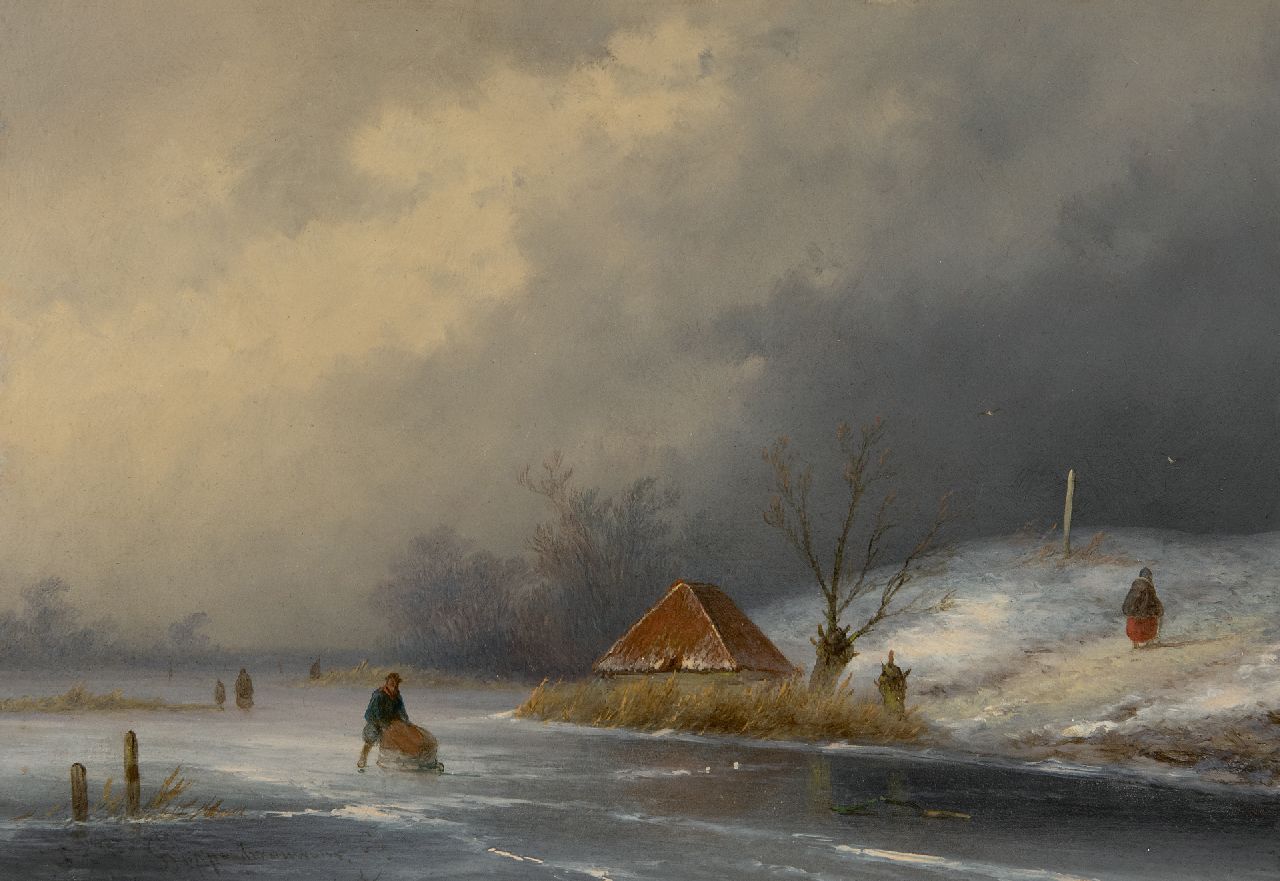 Hoppenbrouwers J.F.  | Johannes Franciscus Hoppenbrouwers, Figuren auf dem Eis mit nahenden Schneesturm, Öl auf Holz 22,3 x 31,5 cm, Unterzeichnet u.l.