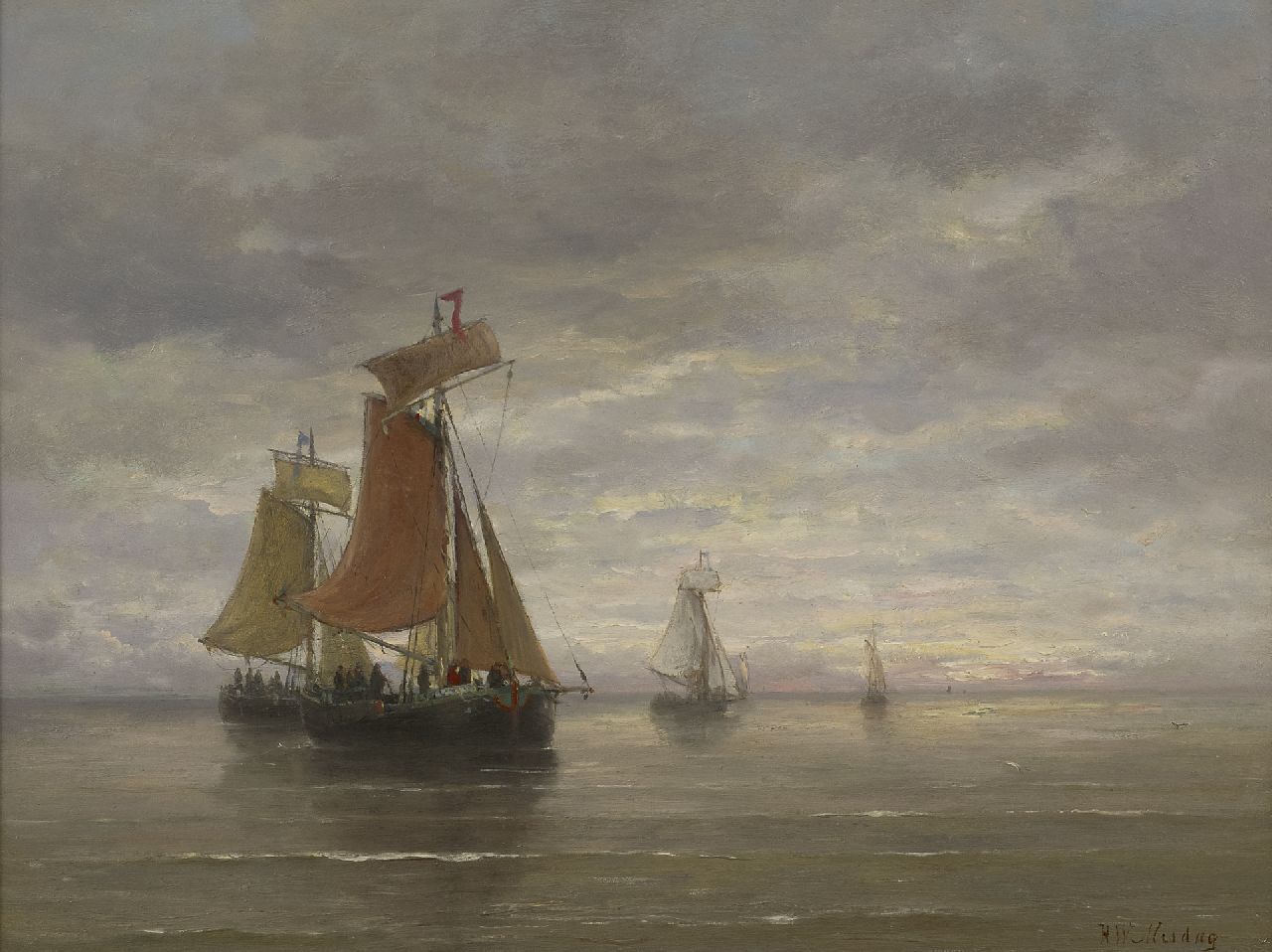 Mesdag H.W.  | Hendrik Willem Mesdag | Gemälde zum Verkauf angeboten | Bomschiffe auf ruhiger See, Öl auf Holz 39,5 x 51,0 cm, Unterzeichnet u.r.