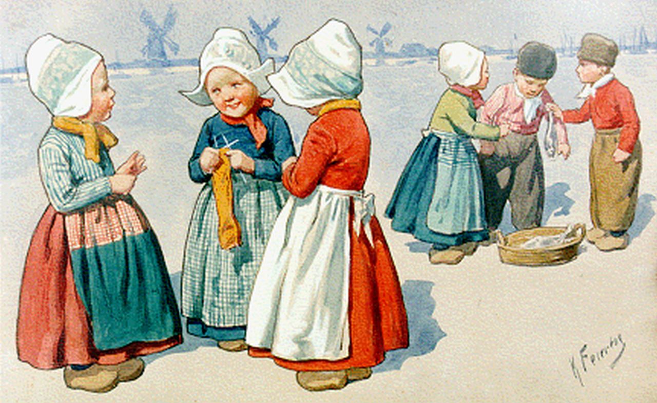 Feiertag K.  | Karl Feiertag, Inhabitants of Volendam, Aquarell auf Papier 17,8 x 27,8 cm, signed l.r.