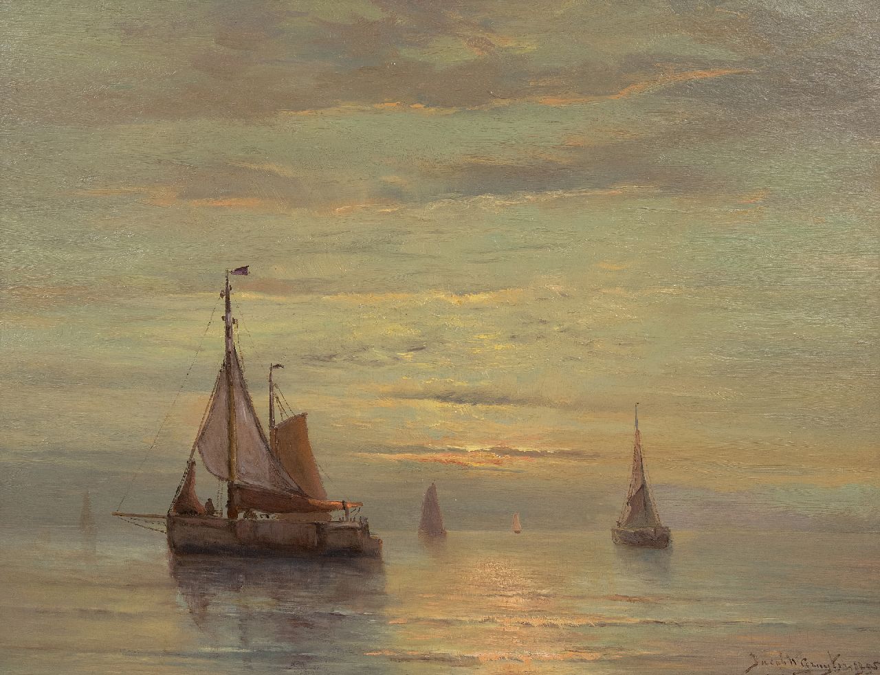 Jacob Willem Gruijter | Schiffe auf ruhiger See bei Sonnenuntergang, Öl auf Holz, 50,4 x 65,0 cm, Unterzeichnet u.r. und datiert 1905, ohne Rahmen