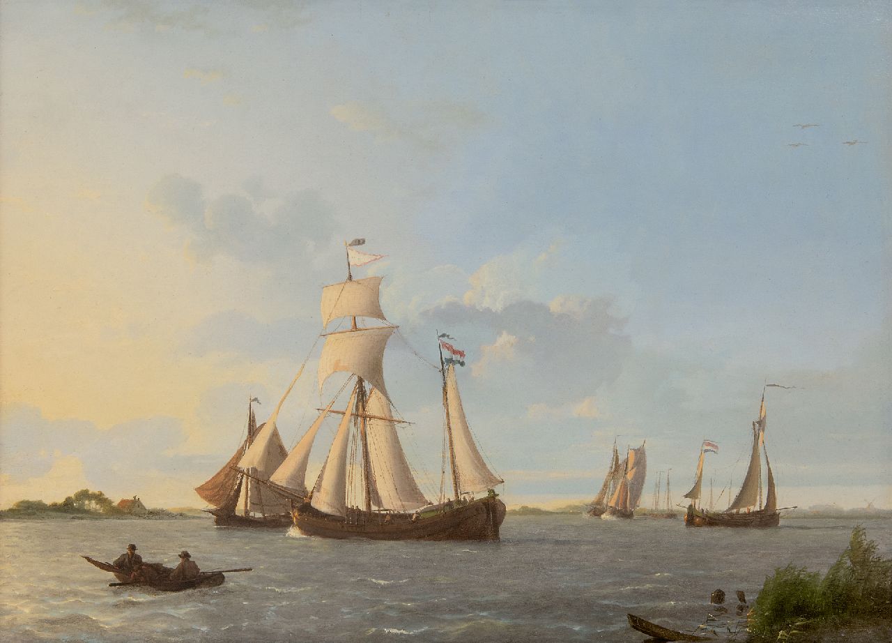 Koekkoek J.  | Johannes Koekkoek | Gemälde zum Verkauf angeboten | Segelschiffe auf Holländischen Binnengewässern, Öl auf Holz 32,3 x 44,8 cm, Unterzeichnet r.u. und datiert 1829