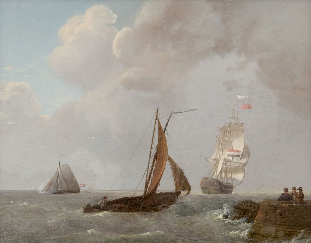 Koekkoek J.  | Johannes Koekkoek | Gemälde zum Verkauf angeboten | Kreuzende Segelschiffe bei einem Hafenkopf, Zeeland, Öl auf Holz 30,0 x 38,9 cm, Unterzeichnet u.r. und datiert 1829