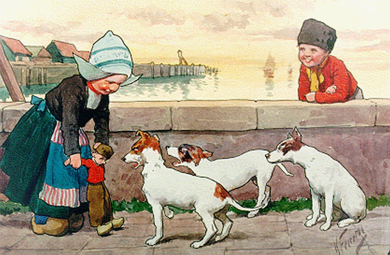 Feiertag K.  | Karl Feiertag, Children on a quay, Volendam, Aquarell auf Papier 17,5 x 27,6 cm, signed l.r.
