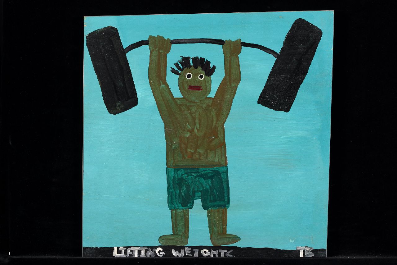 Brown T.  | Timothy 'Tim' Brown | Gemälde zum Verkauf angeboten | Lifting weights, Acryl auf Holz 42,0 x 43,0 cm, Unterzeichnet u.r. mit Initialen