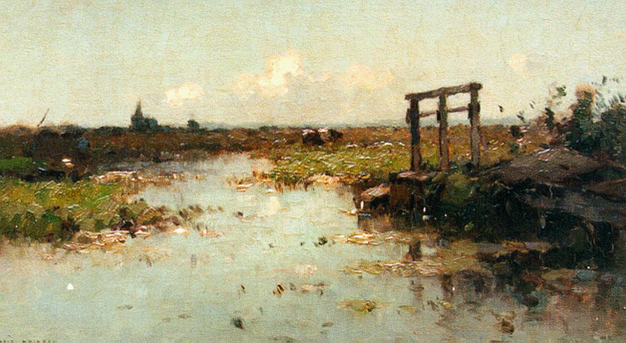 Knikker A.  | Aris Knikker, A polder landscape with a church in the distance, Öl auf Leinwand auf Holz 25,2 x 42,7 cm, signed l.l.