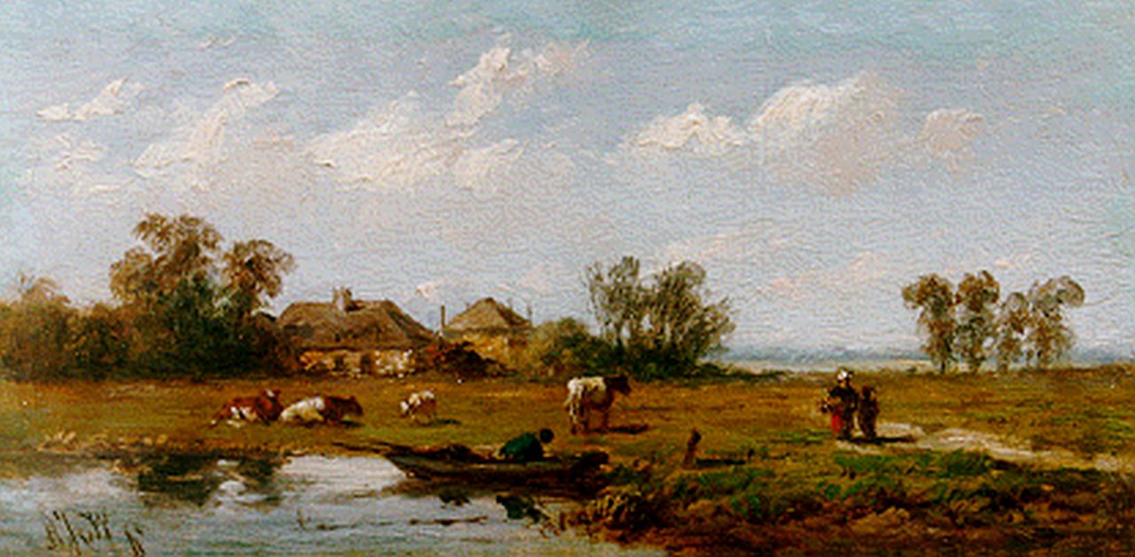 Wijngaerdt A.J. van | Anthonie Jacobus van Wijngaerdt, An extensive landscape with a river, Öl auf Holz 7,8 x 15,0 cm, signed l.l. with initials