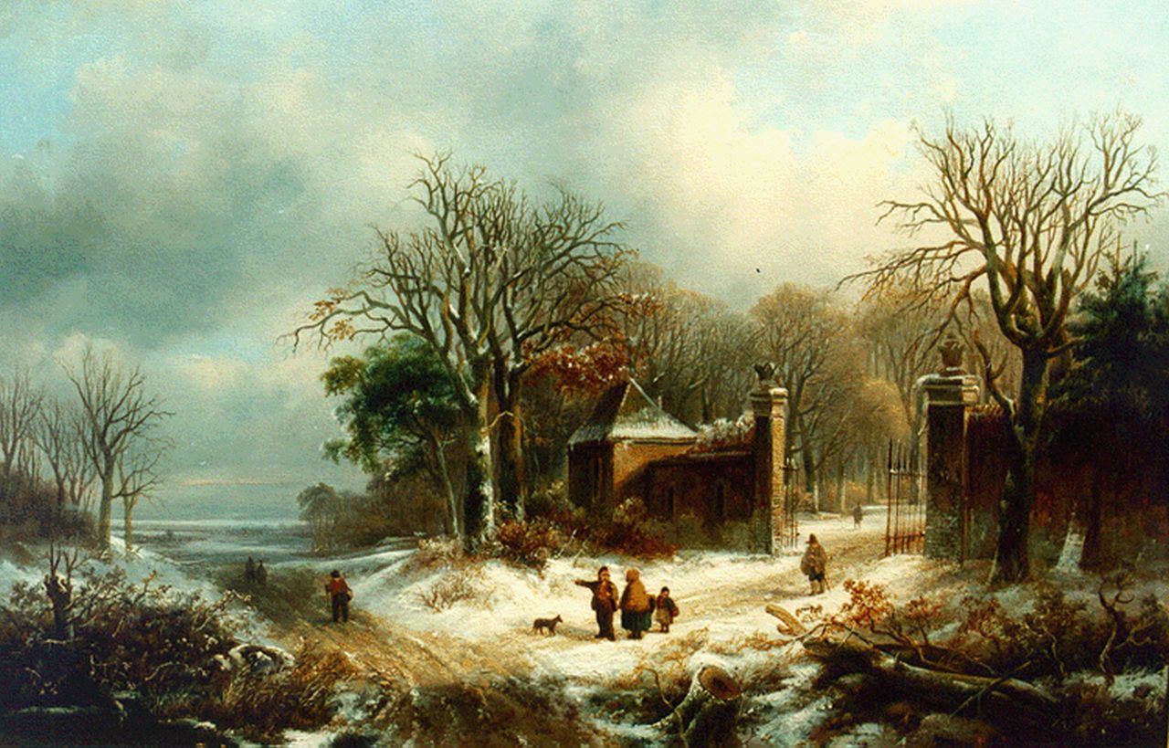 Velzen J.P. van | Johannes Petrus van Velzen, Figures on a country lane in winter, Öl auf Holz 44,5 x 59,5 cm, signed l.l.