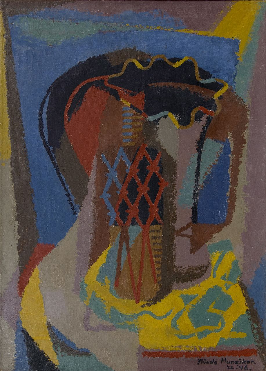 Hunziker F.  | Frieda Hunziker, Stillleben mit Vase und Flasche, Öl auf Leinwand 69,8 x 49,7 cm, Unterzeichnet u.r. und datiert '12-'46.