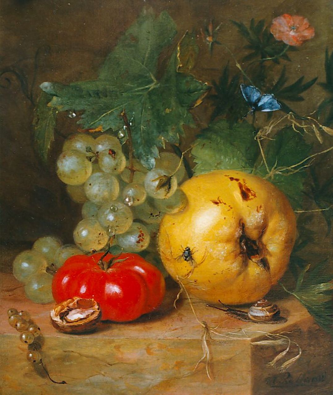 Reekers sr. H.  | Hendrik Reekers sr., A still life with grapes, flowers,a tomato and a snail, Öl auf Holz 25,9 x 21,8 cm, signed l.r. und dated 1833