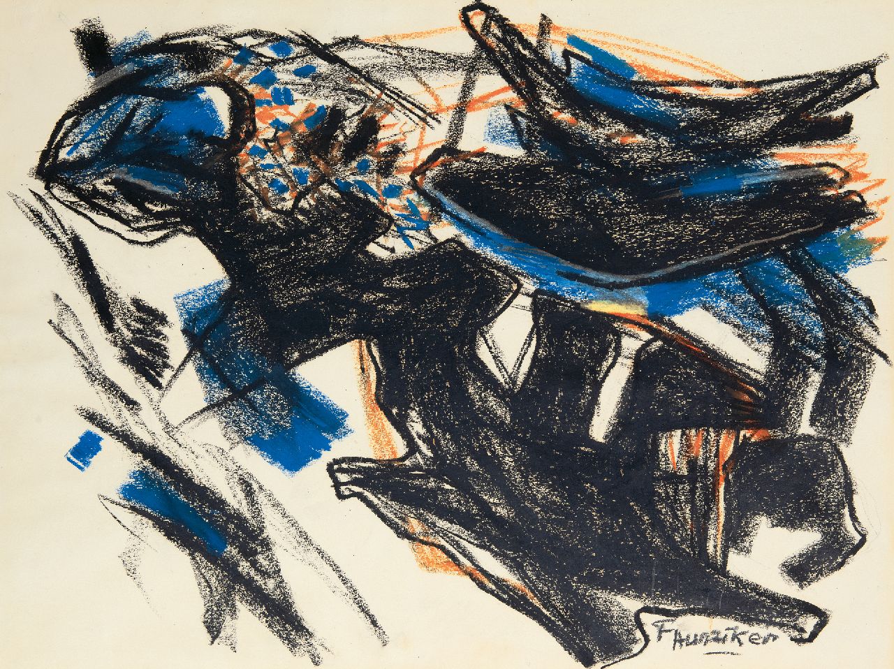 Hunziker F.  | Frieda Hunziker | Aquarelle und Zeichnungen zum Verkauf angeboten | Komposition, Wachskreide auf Papier 49,6 x 65,0 cm, Unterzeichnet u.r. und ohne Rahmen