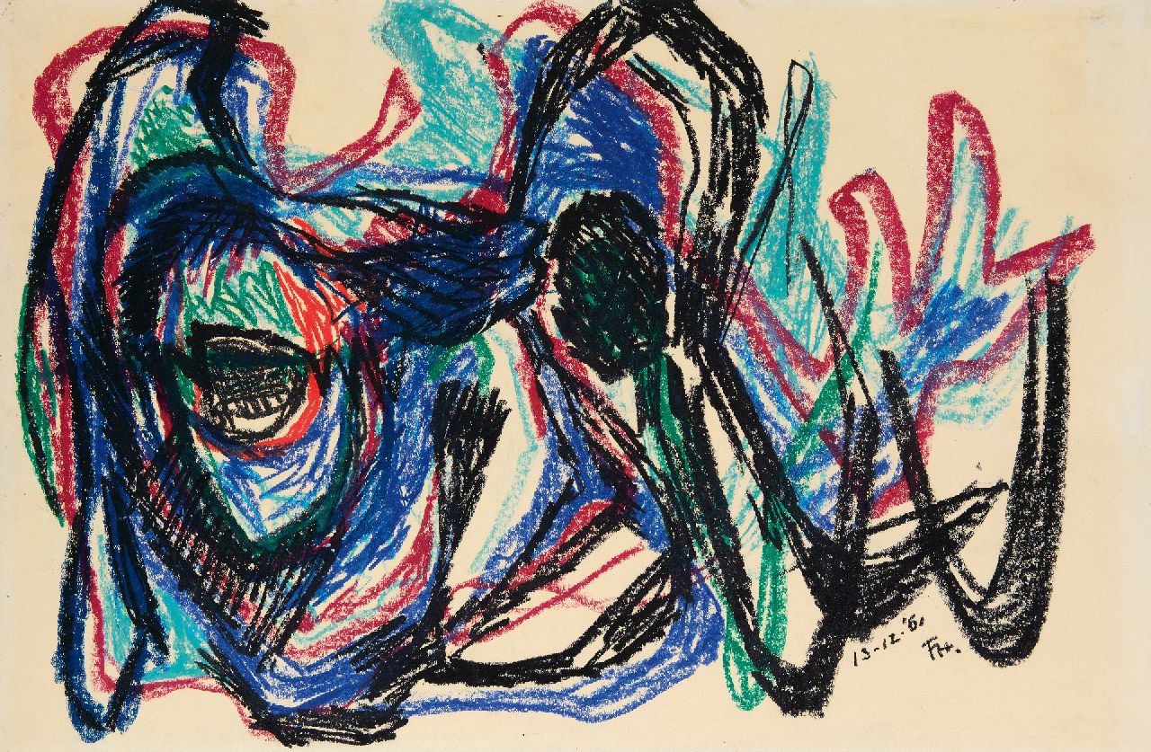 Hunziker F.  | Frieda Hunziker | Aquarelle und Zeichnungen zum Verkauf angeboten | Das Monster, Wachskreide auf Papier 50,2 x 73,0 cm, Unterzeichnet u.r. mit Monogramm und datiert 13-12-'61, ohne Rahmen