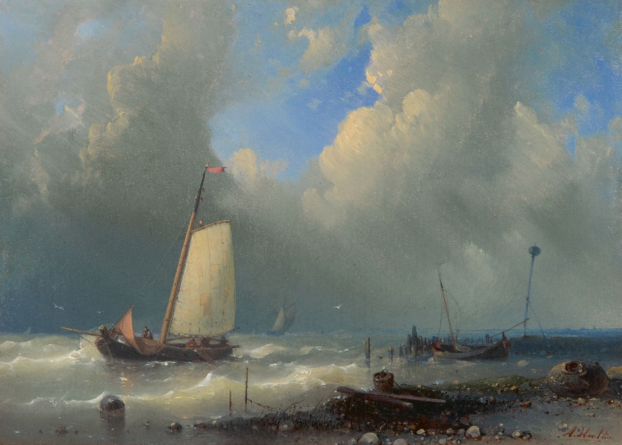Hulk A.  | Abraham Hulk, Schiff vor dem Hafen bei schwerem Wetter, Öl auf Holz 14,5 x 20,2 cm, Unterzeichnet u.r.