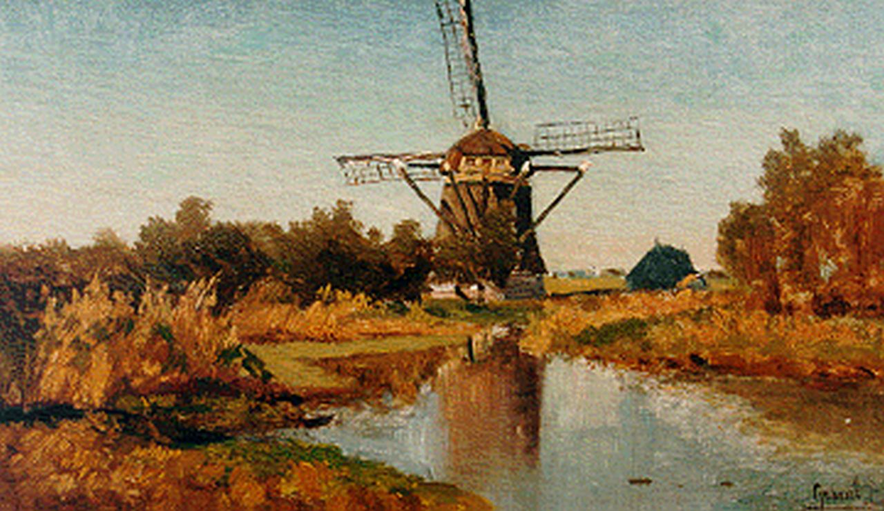 Gabriel P.J.C.  | Paul Joseph Constantin 'Constan(t)' Gabriel, A windmill along a waterway, Abcoude, Öl auf Leinwand auf Holz 21,8 x 34,7 cm, signed l.r.