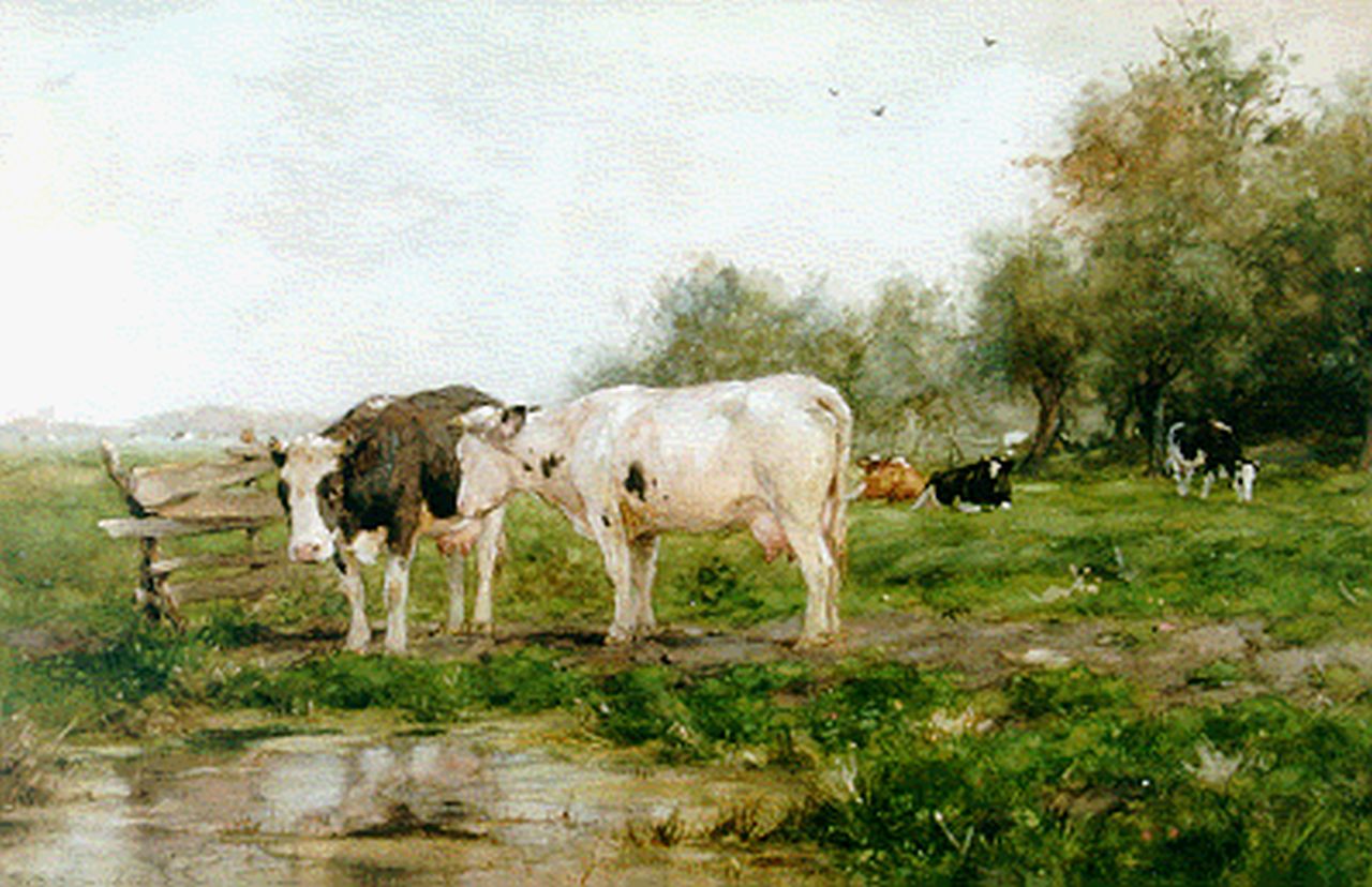 Groenewegen A.J.  | Adrianus Johannes Groenewegen, Cattle in a meadow, Aquarell und Gouache auf Papier 34,5 x 52,0 cm, signed l.l.