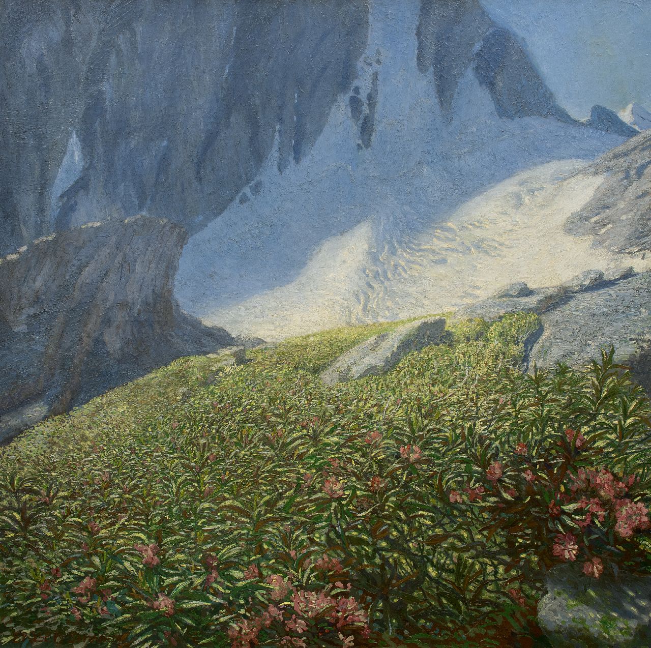 Erler-Samaden E.  | Erich Erler-Samaden | Gemälde zum Verkauf angeboten | Blumenfeld bei einem Gletscher, Öl auf Leinwand 120,0 x 120,0 cm, Unterzeichnet l.u.