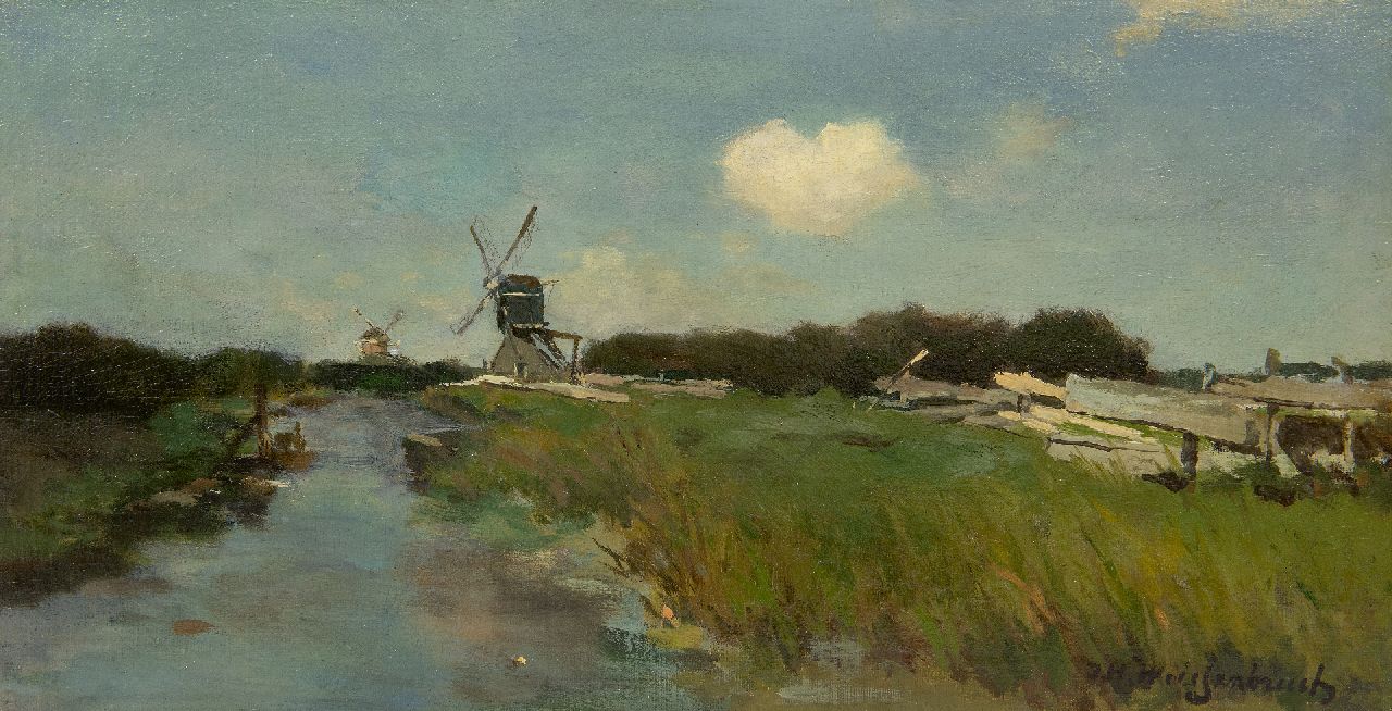 Weissenbruch H.J.  | Hendrik Johannes 'J.H.' Weissenbruch, Windmühlen am Polderkanal bei Noorden, Öl auf Leinwand auf Holz 23,0 x 43,1 cm, Unterzeichnet u.r.