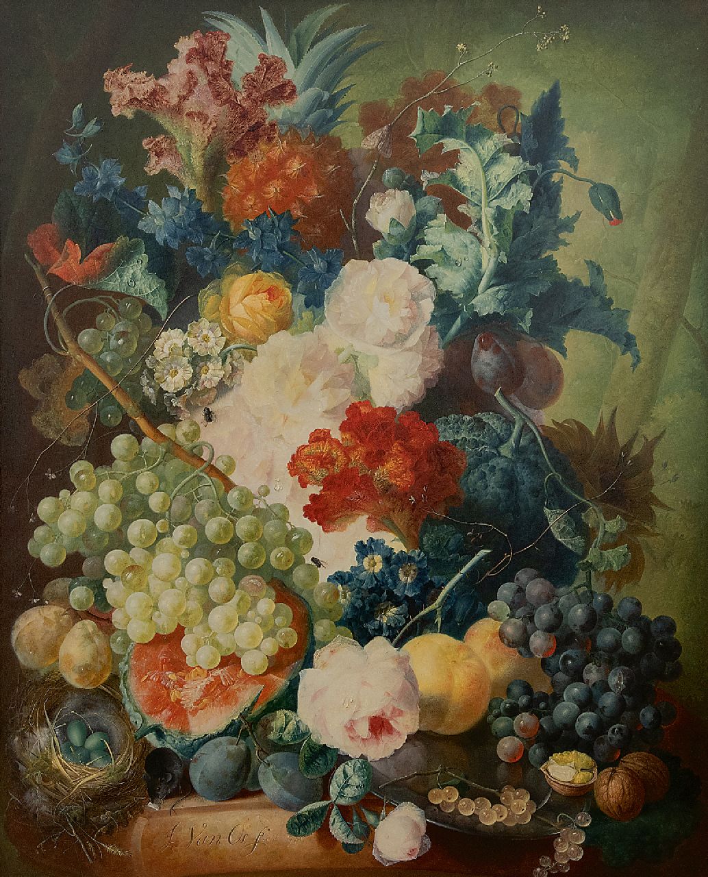 Os J. van | Jan van Os | Gemälde zum Verkauf angeboten | Blumenstillleben mit Früchten, einer Maus und einem Vogelnest, Öl auf Holz 69,7 x 55,1 cm, Unterzeichnet u.l. und datiert 1774