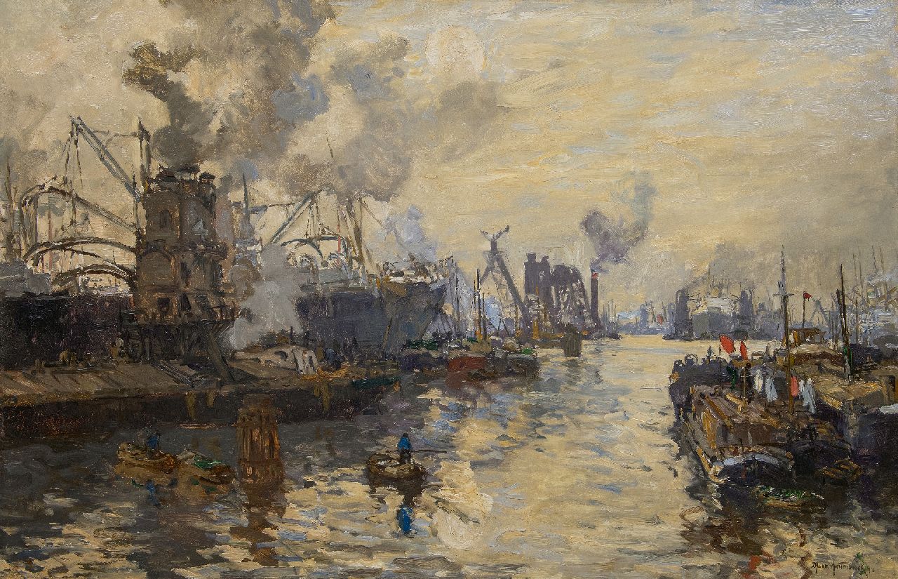 Mastenbroek J.H. van | Johan Hendrik van Mastenbroek | Gemälde zum Verkauf angeboten | Getreidesilos im Hafen von Rotterdam, Öl auf Leinwand 84,1 x 130,5 cm, Unterzeichnet u.r. und datiert 1913