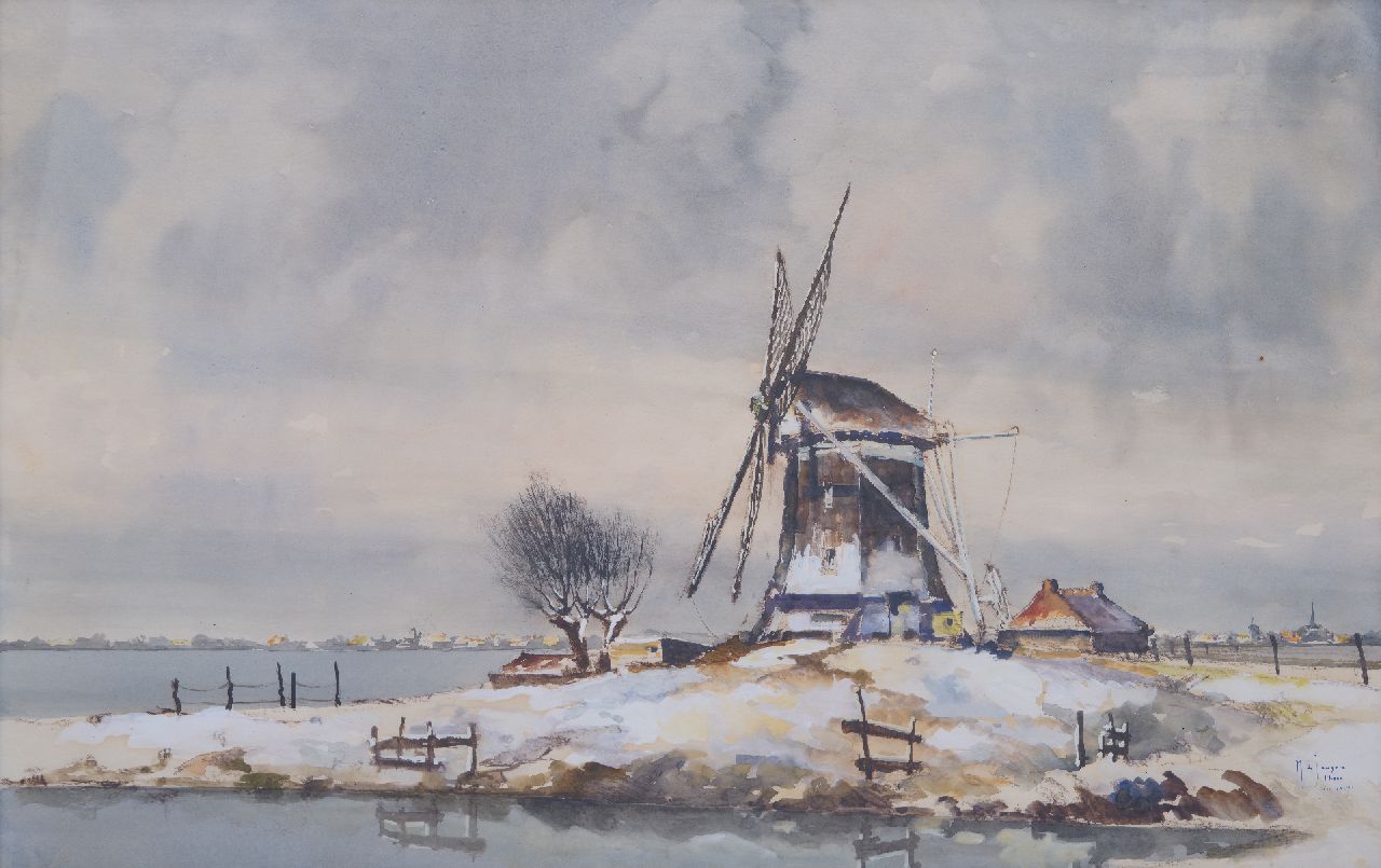 Drulman M.J.  | Marinus Johannes Drulman, Blick auf Achterberg im Winter, Kreide und Aquarell auf Papier 58,8 x 89,4 cm, Unterzeichnet u.r. mit Pseudonym und datiert 1936