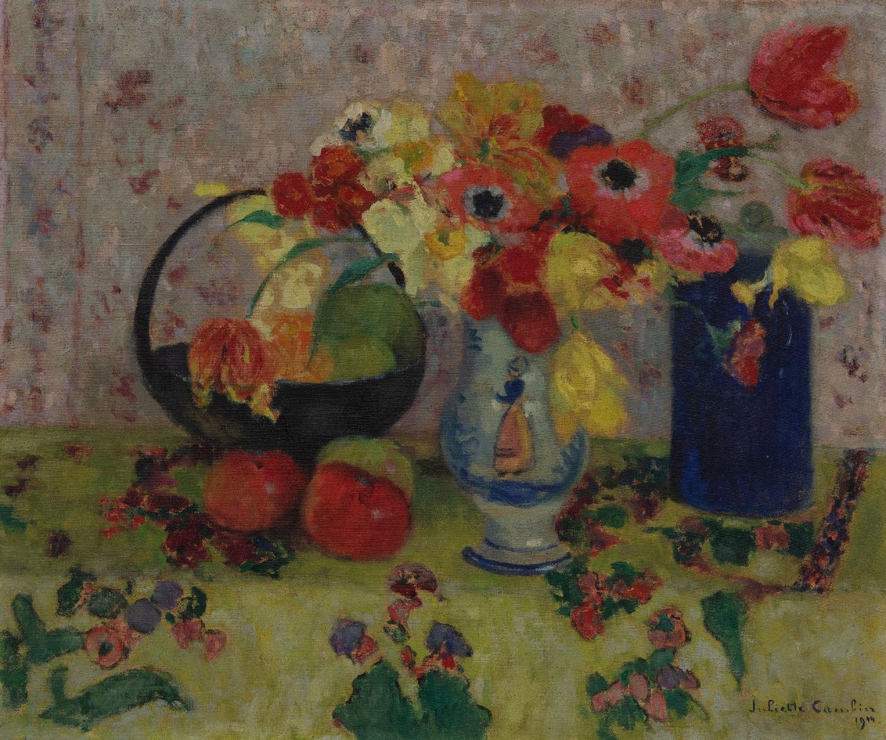 Cambier J.Z.  | 'Juliette' Ziane Cambier, Stillleben mit Vasen, Frühlingsblumen und Früchten, Öl auf Leinwand 49,9 x 60,3 cm, Unterzeichnet u.r. und datiert 1944
