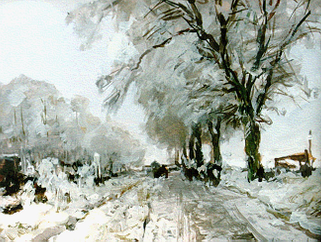 Apol L.F.H.  | Lodewijk Franciscus Hendrik 'Louis' Apol, A winter landscape with figures on a path, Gouache auf Papier 15,5 x 19,5 cm, signed l.r.