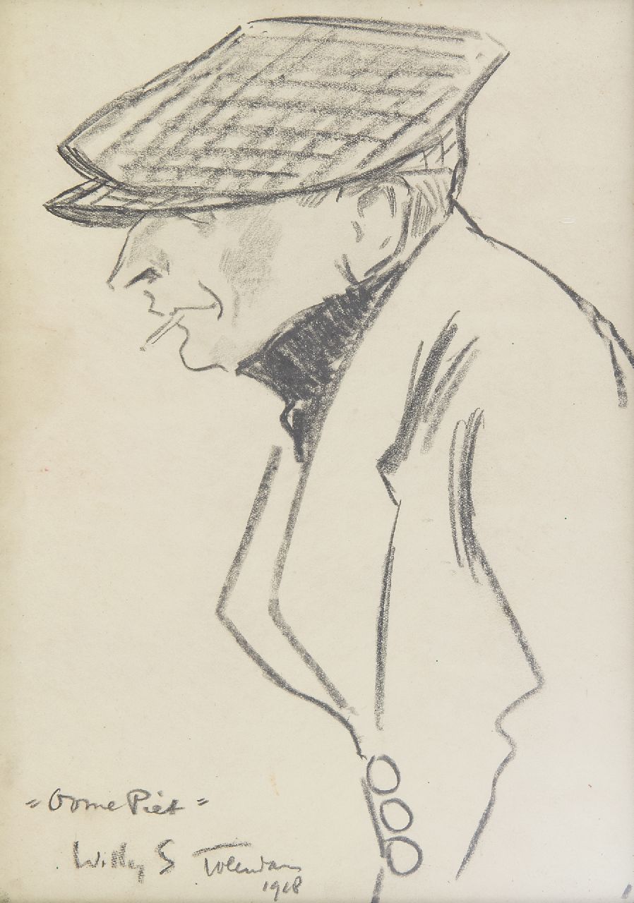 Sluiter J.W.  | Jan Willem 'Willy' Sluiter, 'Oome Piet', Volendam, Schwarze Kreide auf Papier 24,2 x 12,7 cm, Unterzeichnet l.u. und datiert 1918
