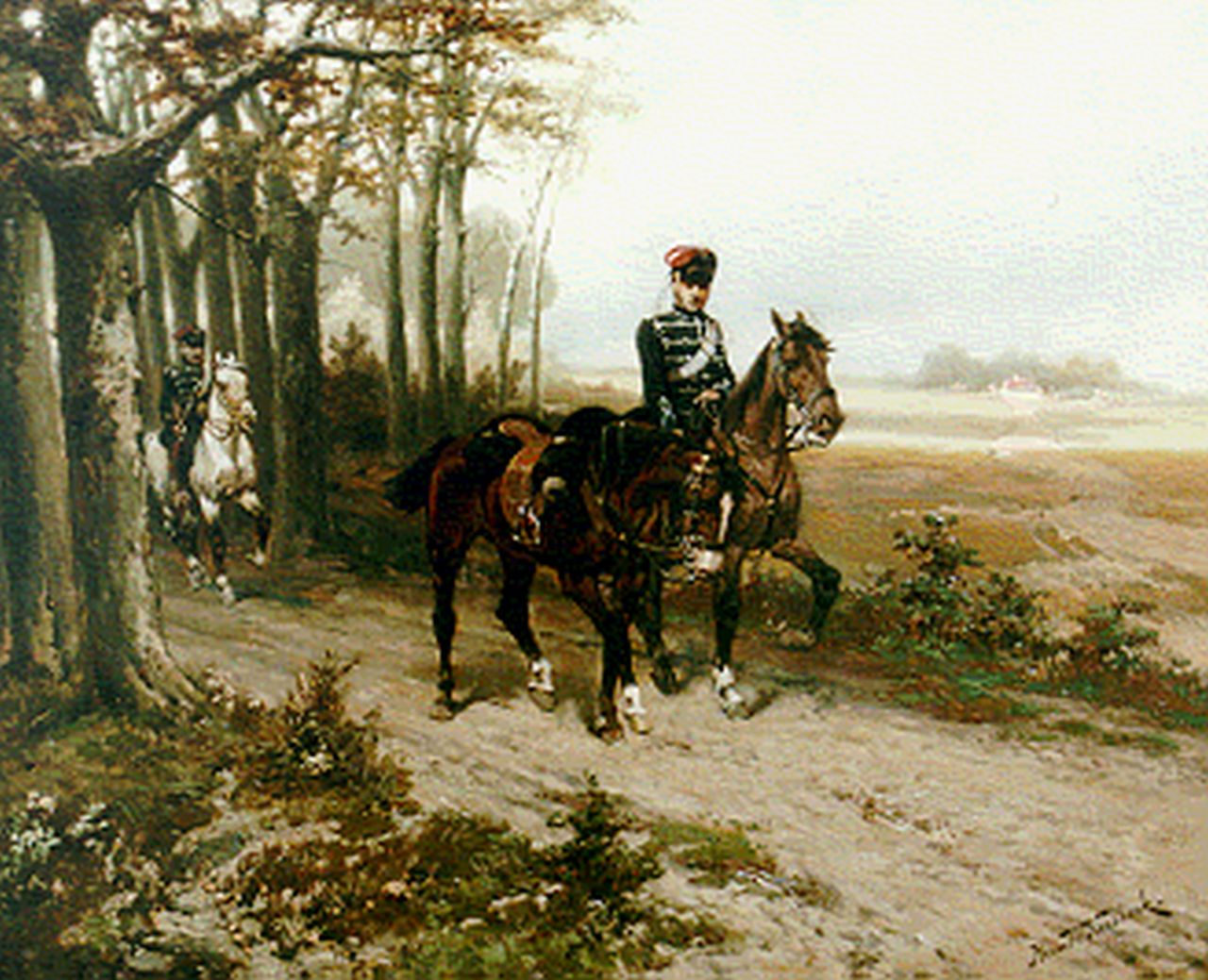 Koekkoek H.W.  | Hermanus Willem Koekkoek, Husaren und Pferd ohne Reiter, Öl auf Leinwand 43,0 x 53,6 cm, signed l.r.