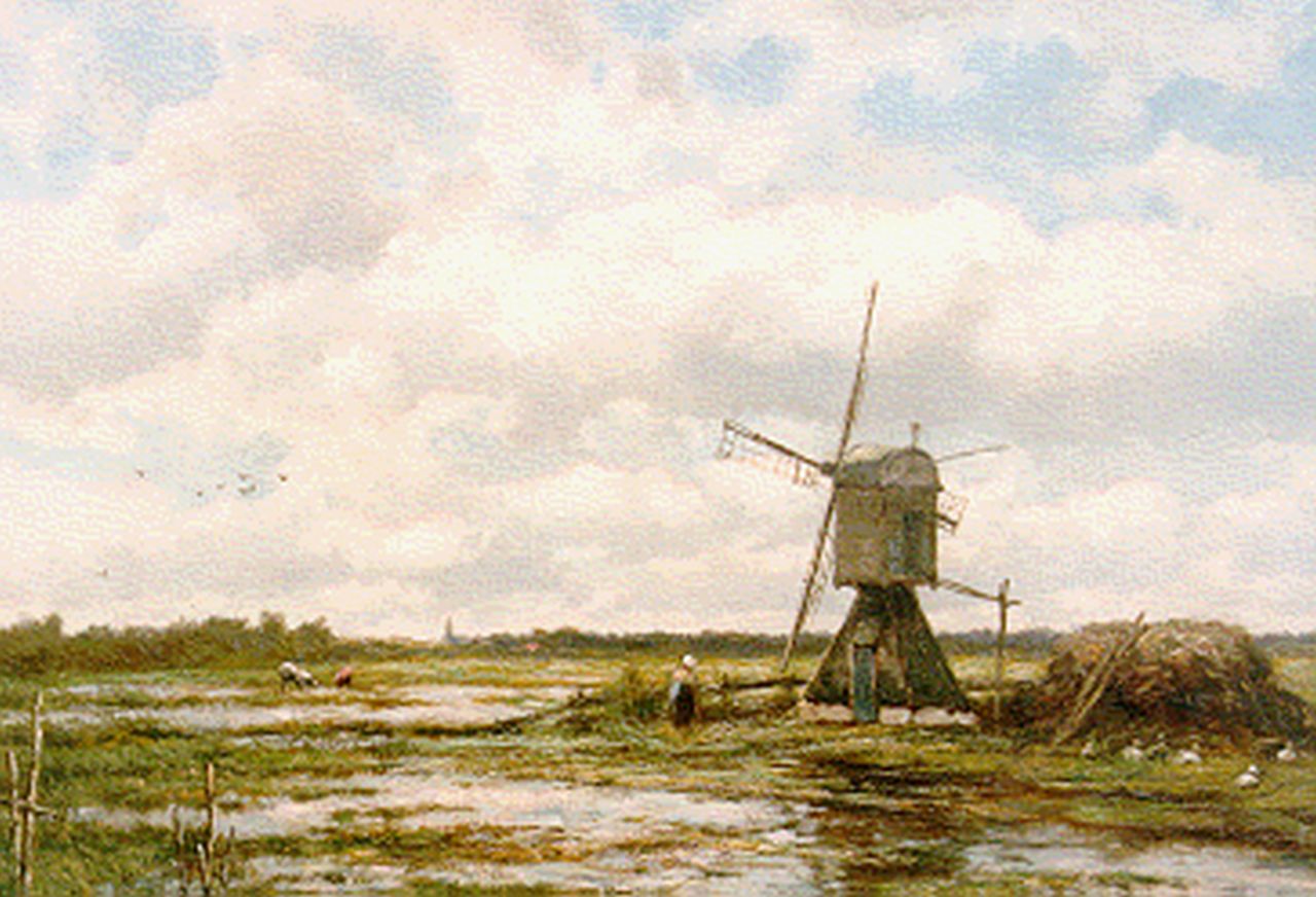 Koekkoek J.H.B.  | Johannes Hermanus Barend 'Jan H.B.' Koekkoek, A windmill in a polder landscape, Öl auf Leinwand 51,0 x 72,8 cm, signed l.l.