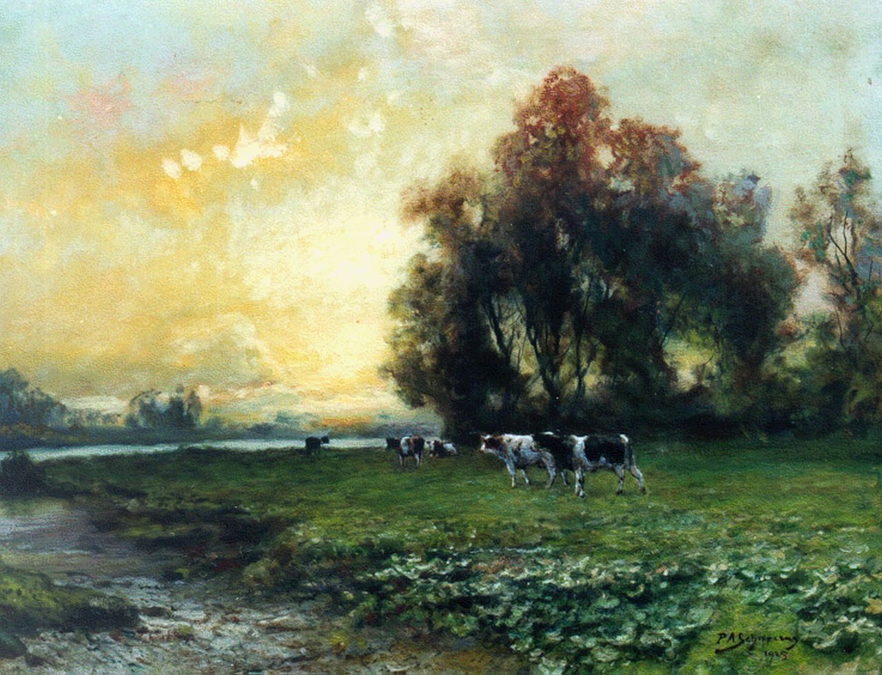 Schipperus P.A.  | Pieter Adrianus 'Piet' Schipperus, Cows in a river landscape, Öl auf Leinwand 60,0 x 80,0 cm, signed l.r. und dated 1925