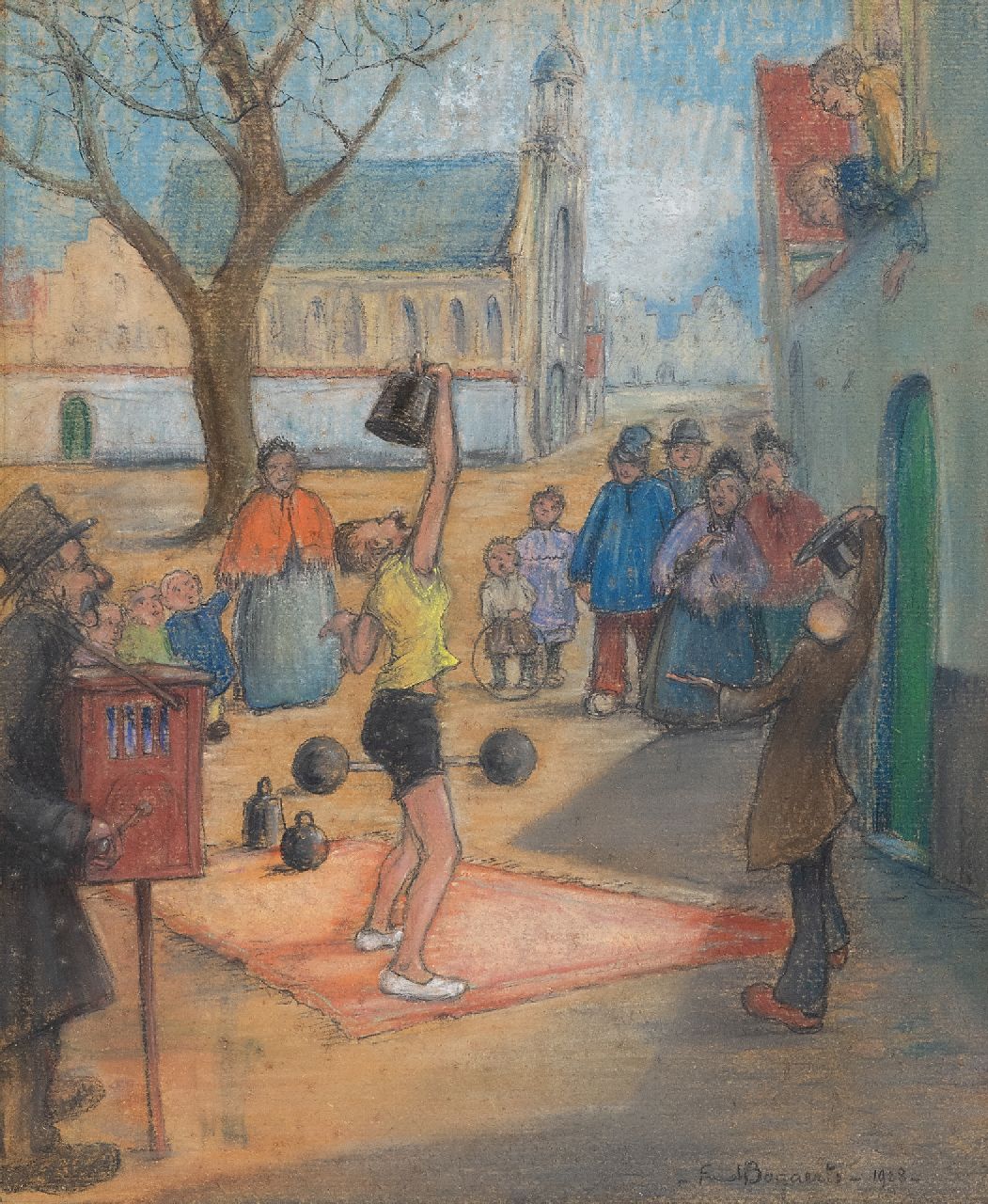 Bogaerts F.  | Alfred 'Fred' Bogaerts | Aquarelle und Zeichnungen zum Verkauf angeboten | Straßenkünstler bei der Sint-Margaritakirche in Lier, Gouache auf Papier 31,2 x 25,7 cm, Unterzeichnet u.r. und datiert 1923
