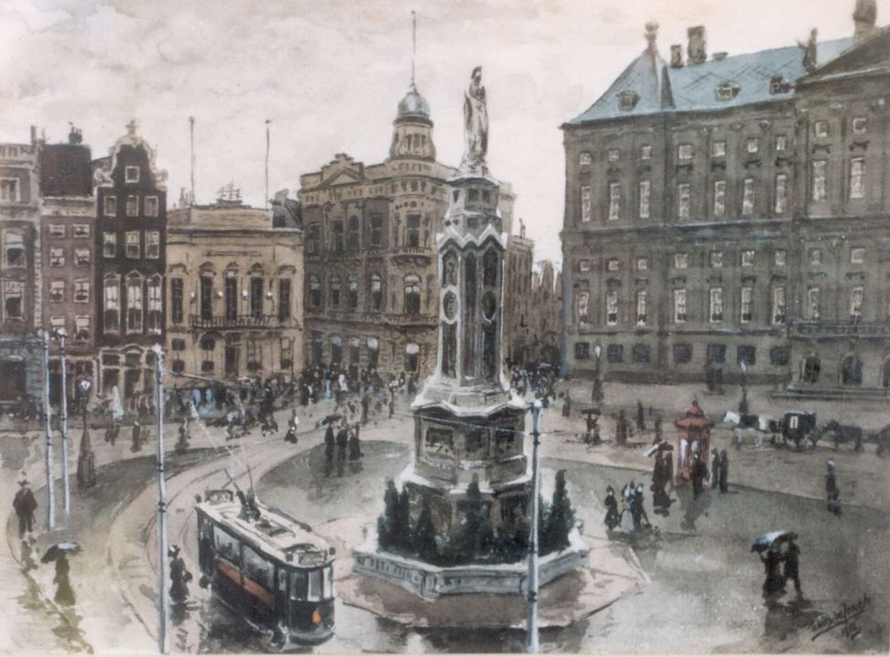 Jongh M.J. de | Martinus Johannes 'Tinus' de Jongh, View of the Dam, Amsterdam, Aquarell auf Papier 16,5 x 22,5 cm, signed l.r. und dated 1912