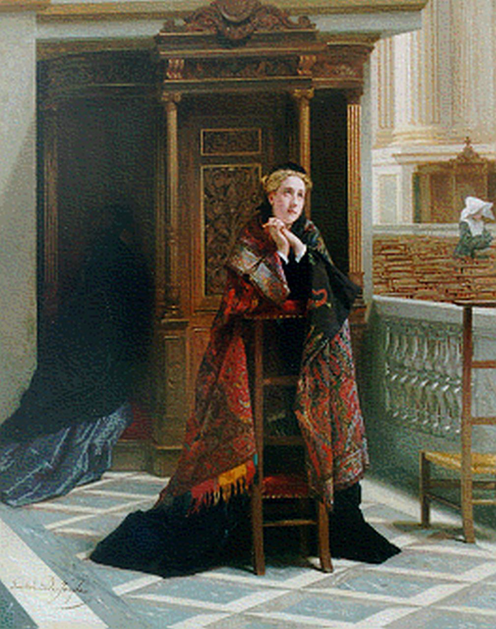 Jonghe G.L. De | 'Gustave' Léonard De Jonghe, The confession, Öl auf Holz 61,0 x 49,0 cm, signed l.l.