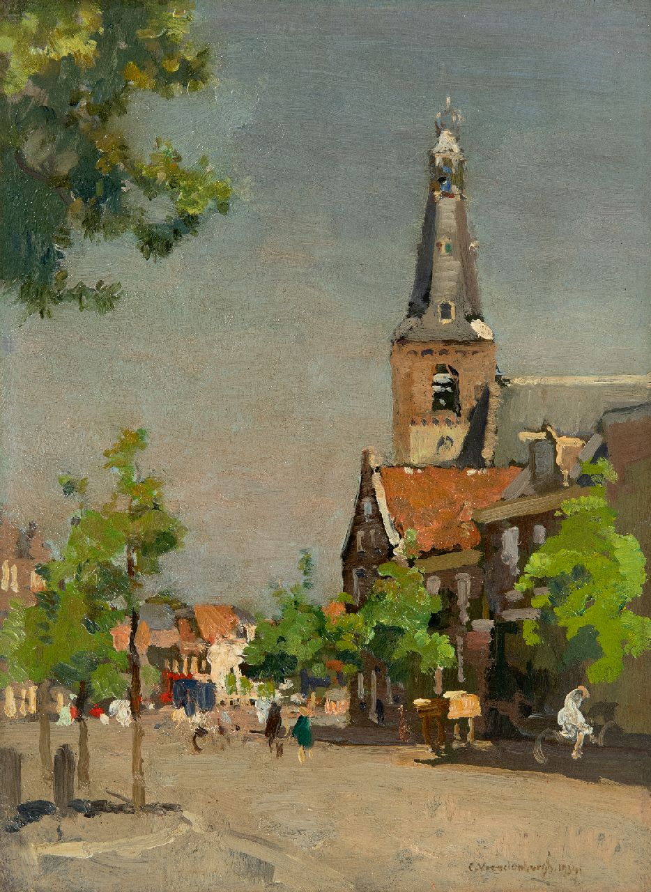 Vreedenburgh C.  | Cornelis Vreedenburgh, Blick auf Weesp mit dem Turm der Laurenskerk, Öl auf Holz 28,5 x 21,3 cm, Unterzeichnet u.r. und datiert 1934