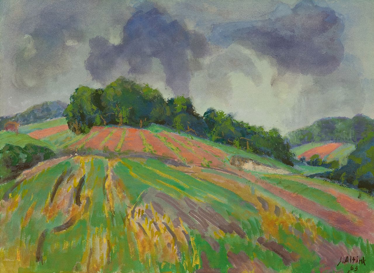 Altink J.  | Jan Altink | Aquarelle und Zeichnungen zum Verkauf angeboten | Hügelige Feldlandschaft, Aquarell und Gouache auf Papier 56,0 x 75,8 cm, Unterzeichnet u.r. und datiert '63