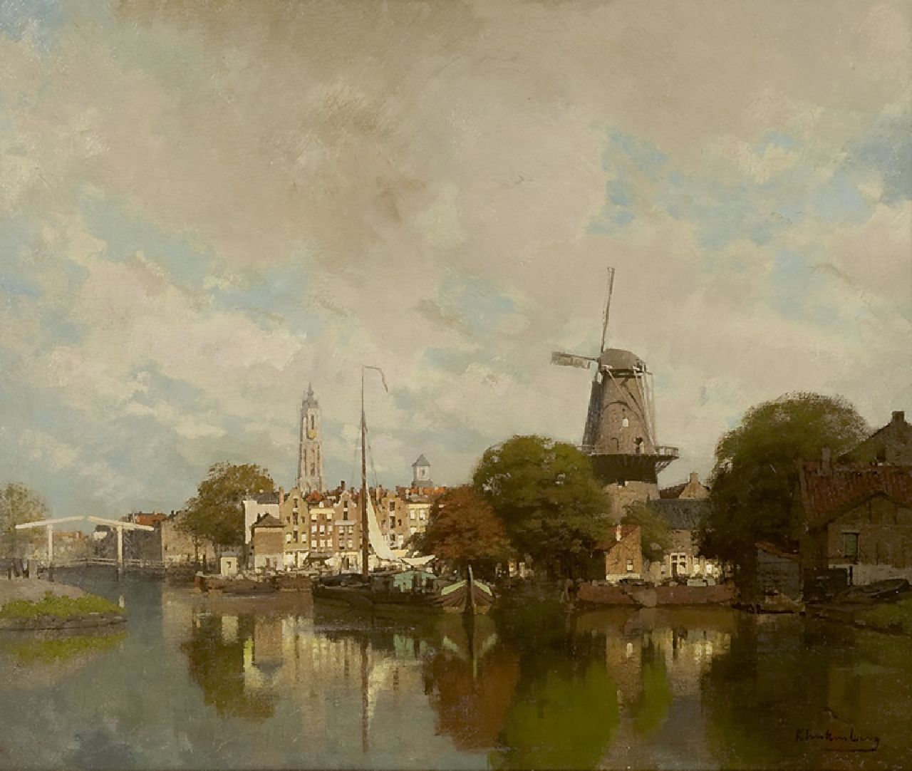 Klinkenberg J.C.K.  | Johannes Christiaan Karel Klinkenberg | Gemälde zum Verkauf angeboten | Stadtansicht mit Groenmolen und Turm der Nieuwe Kerk von Delft, Öl auf Leinwand 39,5 x 47,4 cm, Unterzeichnet r.u.