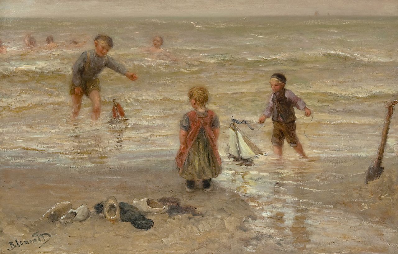 Blommers B.J.  | Bernardus Johannes 'Bernard' Blommers | Gemälde zum Verkauf angeboten | Spielen in der Brandung, Öl auf Leinwand 64,4 x 100,6 cm, Unterzeichnet l.u.