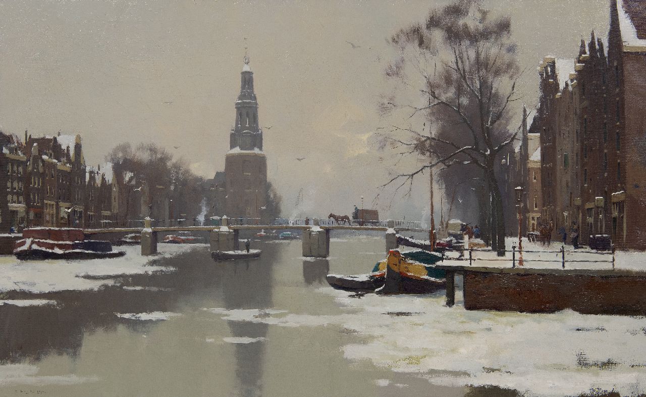 Ligtelijn E.J.  | Evert Jan Ligtelijn, Winteransicht des Montelbaanstoren in Amsterdam, Öl auf Leinwand 56,8 x 90,6 cm, Unterzeichnet u.l.