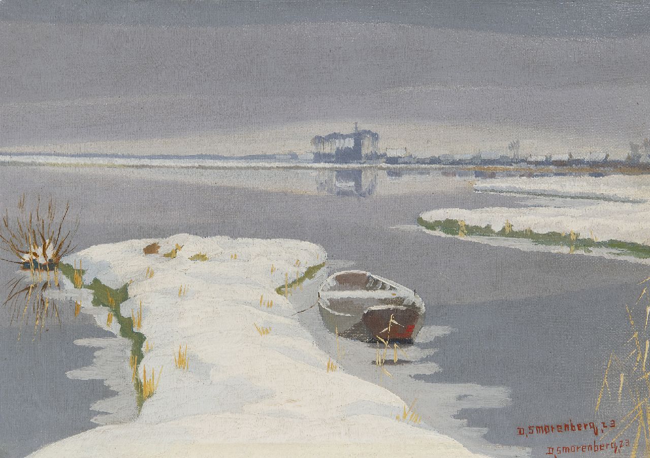 Smorenberg D.  | Dirk Smorenberg | Gemälde zum Verkauf angeboten | See bei Loosdrecht im Schnee, die Kirche von Oud-Loosdrecht in der Ferne, Öl auf Leinwand 22,3 x 31,9 cm, Unterzeichnet u.r. (zweimal) und datiert '23 (zweimal)